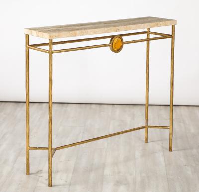 Italian 1970s Gilded Iron and Travertine Console Table