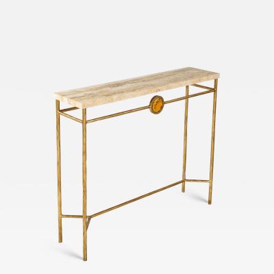 Italian 1970s Gilded Iron and Travertine Console Table