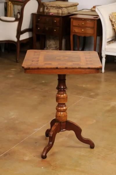 Italian 19th Century Center Table with Marquetry D cor and Turned Pedestal