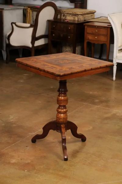 Italian 19th Century Center Table with Marquetry D cor and Turned Pedestal