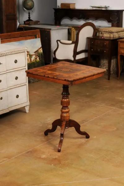Italian 19th Century Center Table with Marquetry D cor and Turned Pedestal