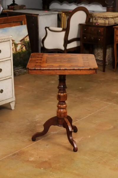 Italian 19th Century Center Table with Marquetry D cor and Turned Pedestal