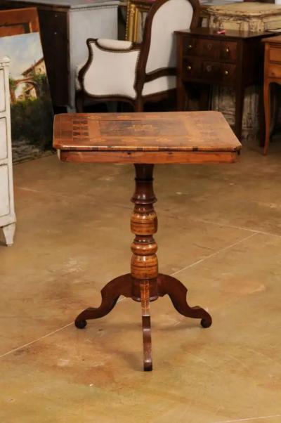 Italian 19th Century Center Table with Marquetry D cor and Turned Pedestal