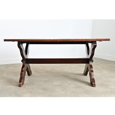 Italian 19th Century Inset Marble Top Oak Trestle Table