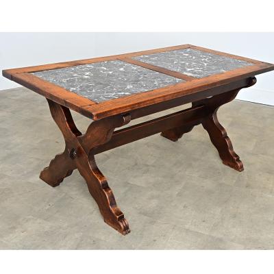 Italian 19th Century Inset Marble Top Oak Trestle Table
