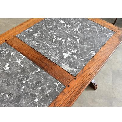 Italian 19th Century Inset Marble Top Oak Trestle Table