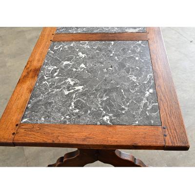 Italian 19th Century Inset Marble Top Oak Trestle Table