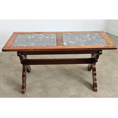 Italian 19th Century Inset Marble Top Oak Trestle Table