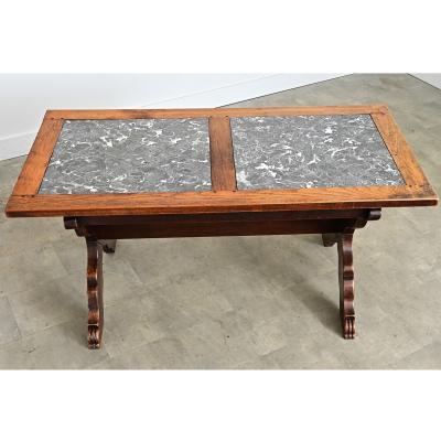 Italian 19th Century Inset Marble Top Oak Trestle Table