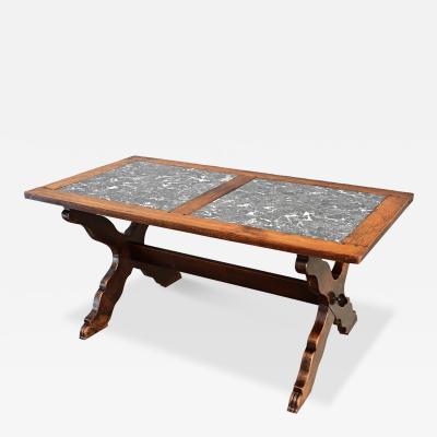 Italian 19th Century Inset Marble Top Oak Trestle Table
