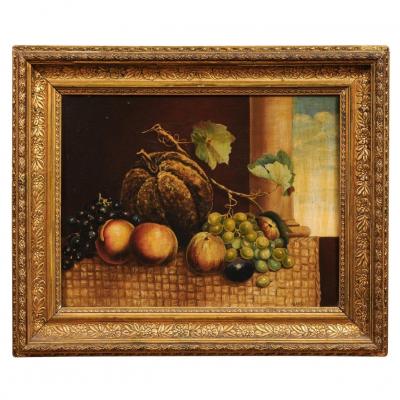 Italian 19th Century Oil on Canvas Still Life Painting Depicting Fruits