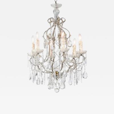 Italian 19th Century Six Light Chandelier with Beaded Arms and Spear Crystals