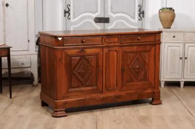 Italian 19th Century Walnut Buffet with Carved Diamond and Floral Motifs