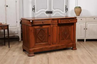 Italian 19th Century Walnut Buffet with Carved Diamond and Floral Motifs
