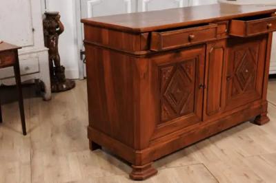 Italian 19th Century Walnut Buffet with Carved Diamond and Floral Motifs