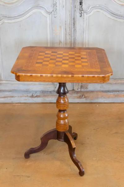 Italian 19th Century Walnut Mahogany and Ash Game Side Table with Marquetry Top