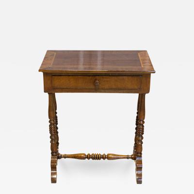 Italian 19th Century Walnut Side Table with Inlaid Banding and Turned Legs