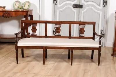Italian 19th Century Walnut Three Seater Bench with Carved Splats and Upholstery