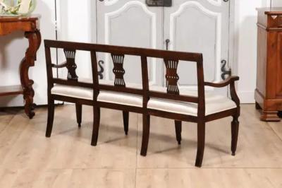 Italian 19th Century Walnut Three Seater Bench with Carved Splats and Upholstery