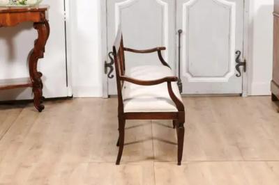 Italian 19th Century Walnut Three Seater Bench with Carved Splats and Upholstery