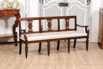 Italian 19th Century Walnut Three Seater Bench with Carved Splats and Upholstery