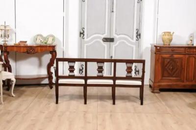 Italian 19th Century Walnut Three Seater Bench with Carved Splats and Upholstery