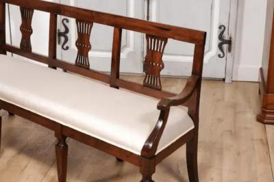 Italian 19th Century Walnut Three Seater Bench with Carved Splats and Upholstery