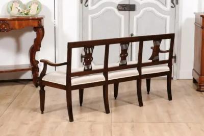 Italian 19th Century Walnut Three Seater Bench with Carved Splats and Upholstery