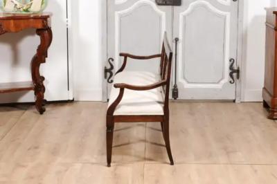 Italian 19th Century Walnut Three Seater Bench with Carved Splats and Upholstery