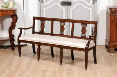 Italian 19th Century Walnut Three Seater Bench with Carved Splats and Upholstery