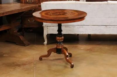 Italian 19th Century Walnut and Birch Marquetry Center Table with Tripod Base