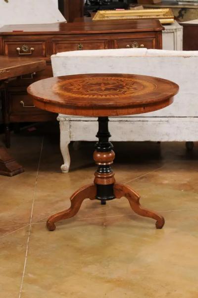 Italian 19th Century Walnut and Birch Marquetry Center Table with Tripod Base