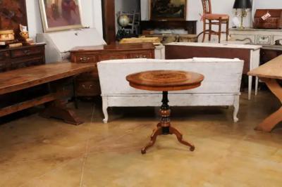 Italian 19th Century Walnut and Birch Marquetry Center Table with Tripod Base