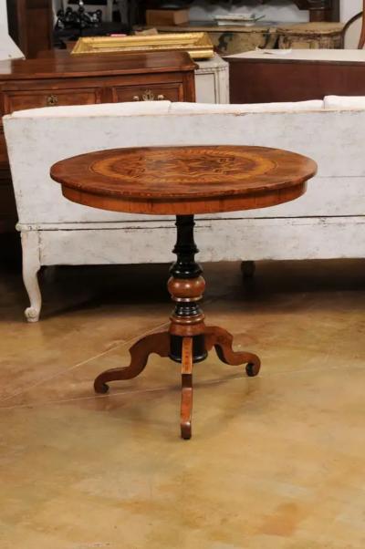 Italian 19th Century Walnut and Birch Marquetry Center Table with Tripod Base