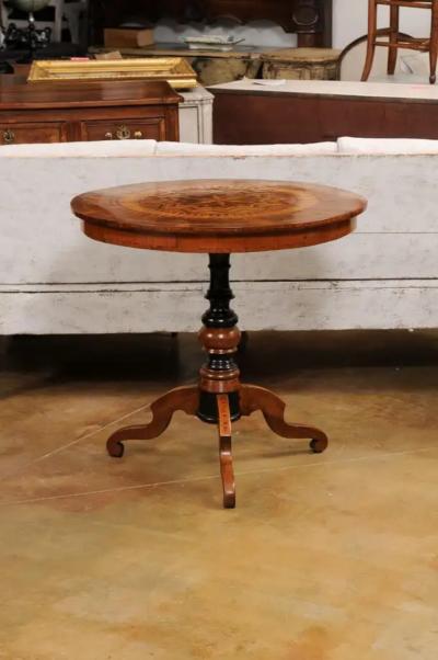 Italian 19th Century Walnut and Birch Marquetry Center Table with Tripod Base