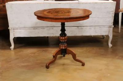 Italian 19th Century Walnut and Birch Marquetry Center Table with Tripod Base