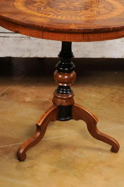 Italian 19th Century Walnut and Birch Marquetry Center Table with Tripod Base