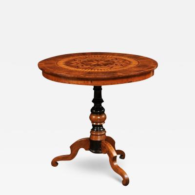 Italian 19th Century Walnut and Birch Marquetry Center Table with Tripod Base