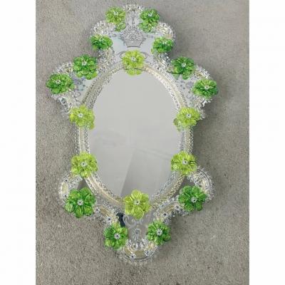 Italian 2000s Oval Green Floreal Hand Carving Mirror in Murano Glass Style