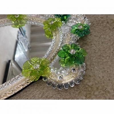 Italian 2000s Oval Green Floreal Hand Carving Mirror in Murano Glass Style