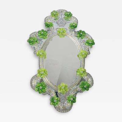 Italian 2000s Oval Green Floreal Hand Carving Mirror in Murano Glass Style