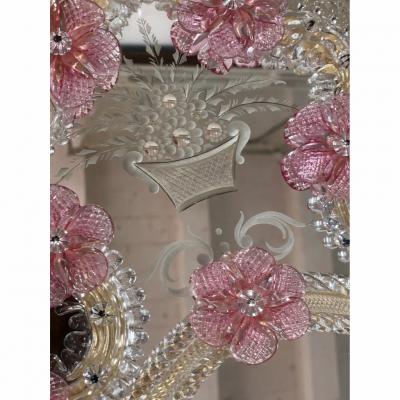 Italian 2000s Oval Pink Floreal Hand Carving Mirror in Murano Glass Style