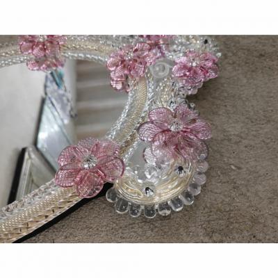 Italian 2000s Oval Pink Floreal Hand Carving Mirror in Murano Glass Style