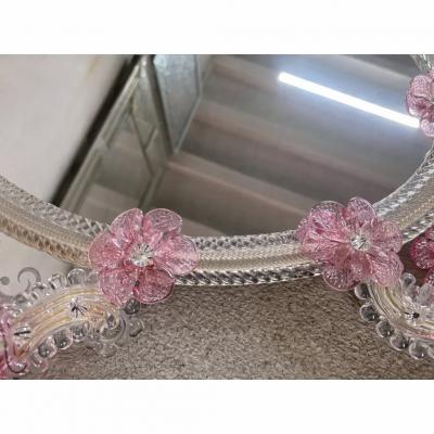 Italian 2000s Oval Pink Floreal Hand Carving Mirror in Murano Glass Style