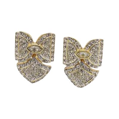 Italian 24 kt gold plated clip earrings with rhinestones bow shaped