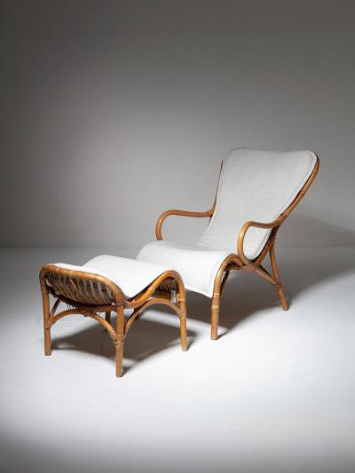 Italian 60s Wicker Lounge Chair with Footrest