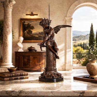 Italian Antique Bronze Sculpture Genius of Franklin by Giulio Monteverde