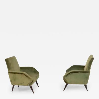 Italian Armchairs in Green Velvet and Wood