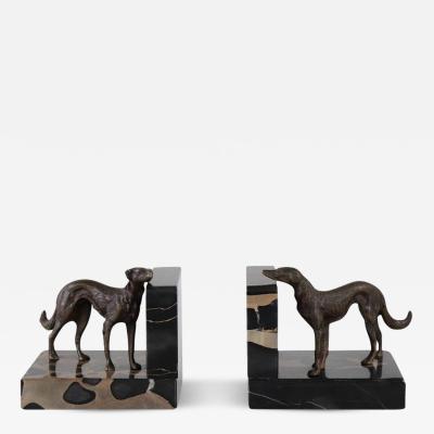Italian Art Deco Bookends with Bronze Greyhounds on a Base of Fine Black Marble