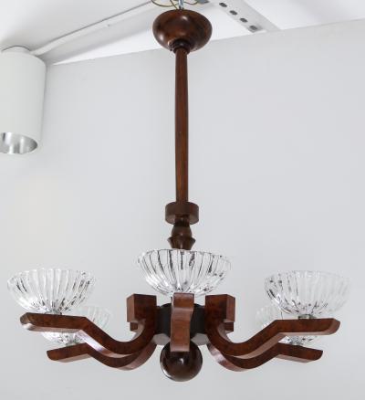Italian Art Deco Burl Wood and Glass Chandelier